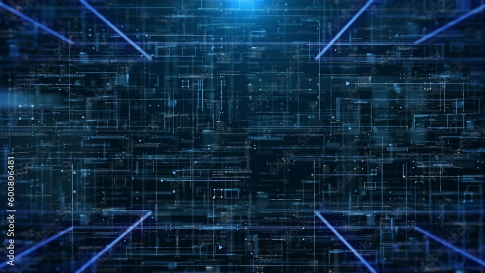 Aufkleber Technology digital cyberspace data storage network simulation platform. Futuristic blue 3d layer of grid, hud interface system 4K motion background.