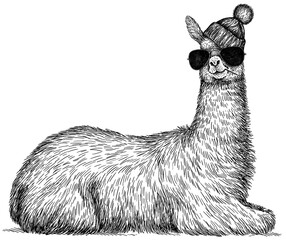 Vintage engraving isolated lama set glasses dressed fashion illustration ink costume sketch. Alpaca background America animal silhouette sunglasses hipster hat art. Black and white hand drawn image. © Turaev