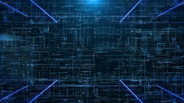Technology digital cyberspace data storage network simulation platform. Futuristic blue 3d layer of grid, hud interface system 4K motion background.