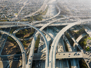 Aerial view of complex highway interchange in Los Angeles California.
