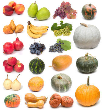 image set of fresh ripe fruits and pumpkins on white background. See larger versions of each image separately in my portfolio