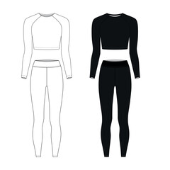 Vector drawing of a sports uniform for fitness and active lifestyle. Template short top with long sleeves and black leggings. Outline sketch of a women's jersey tracksuit.