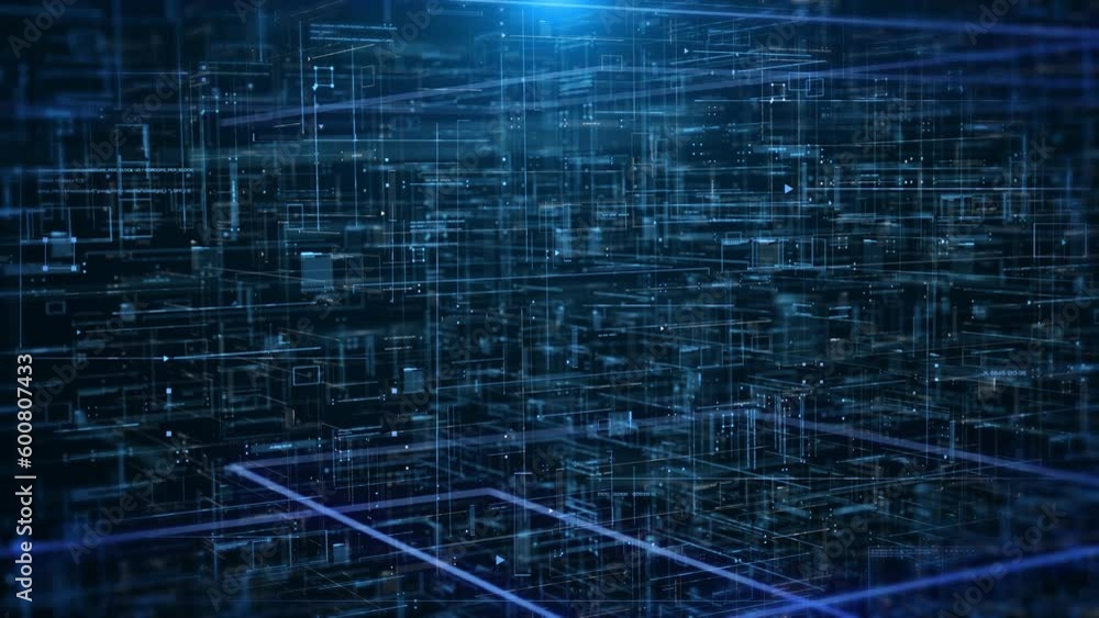 Poster Abstract technology background of hud digital 3d perspective view overlay layer moving from right to left 4K motion background.
