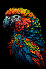 A colorful parrot on a black background. Generative AI