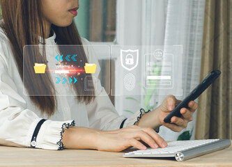 businessman upload documents from computer to backup online cloud and download copy file data from cloud network for make work in office or from home. cybersecurity concept Global network security.