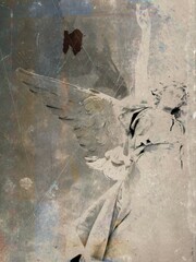 Mixed media illustration of winged angel over grunge background