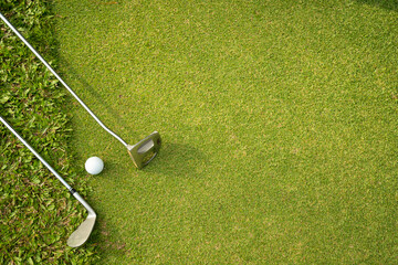 Golf ball and golf club on green in the evening golf course.