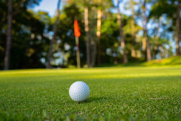 Golf ball is on a green lawn in a beautiful golf course with morning sunshine.