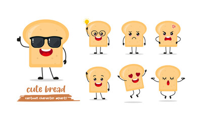 bread cartoon with many expressions. loaf different activity vector illustration flat design.