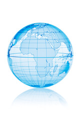 Blue globe isolated on white background with reflection