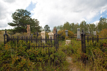 An old late 1800s early 1900s cemetery with old headstones and markers 