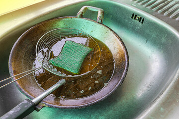 Wash the used pan and pour the old oil into the sink. Causing sinks and drains to become clogged.