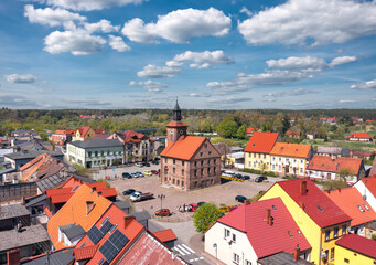 Cityscape of Obrzycko, Wielkopolska, Poland. Aerial summer view of the old town.  - obrazy, fototapety, plakaty