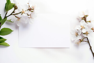 Empty horizontal blank of paper top view mockup with cherry blossom on white table background closeup. Flat card and bloom spring floral sakura for template 2x3 card. Generative AI