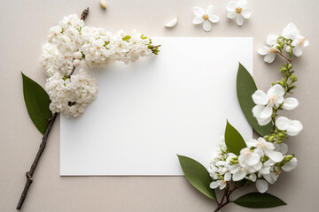 Empty horizontal blank of paper top view mockup with cherry blossom on table closeup. Flat card and bloom spring floral sakura for 5x7 template of invitation, greeting, birthday. Generative AI