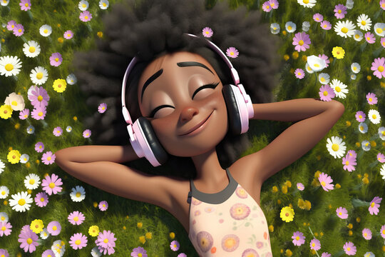 Generative AI illustration of cheerful young African American cartoon woman with curly hair and closed eyes lying on grass with colorful flowers and listening to music