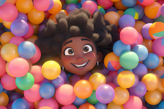 Generative AI illustration of cute African American cartoon girl with Afro hairstyle and colorful accessories smiling happily while standing among multicolored balloons