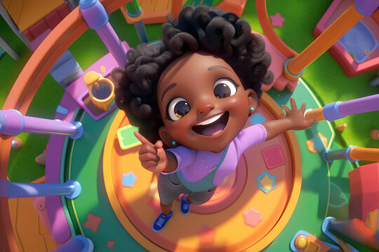 Generative AI illustration of happy little African American cartoon girl in bright clothes with Afro hairstyle smiling and pointing up against multicolored playground