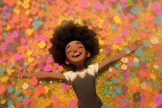 Generative AI illustration of happy young African American cartoon woman with dark curly hair wearing bright shirt with closed eyes and smiling while lying on colorful flowers
