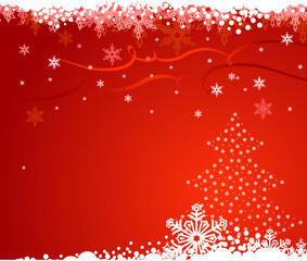 red christmas background with christmas tree and snowflakes / vector