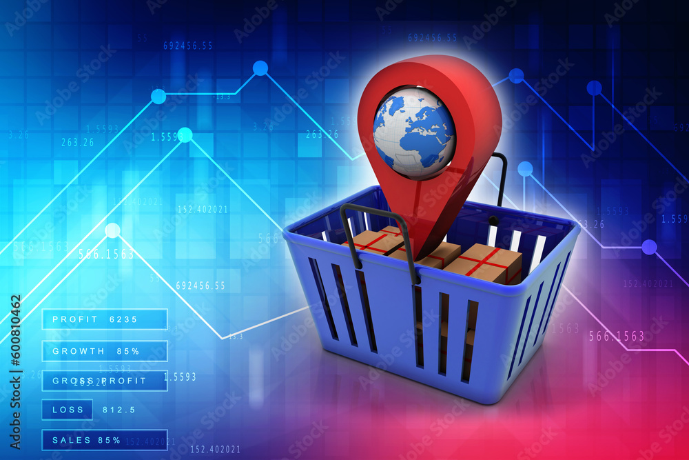 Aufkleber 3d rendering cardboard boxes on basket near navigation