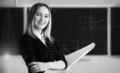 Background with math symbols and teacher in primary school
