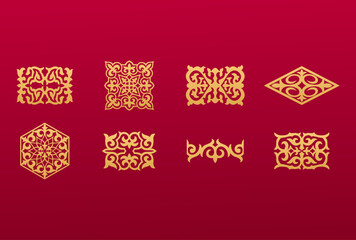 Set of 8 islamic golden ornaments on red background in vector. Circular ornamental arabic symbols. Abstract Asian elements of the national pattern of the ancient nomads of the Kazakhs, Tatars, Kyrgyz