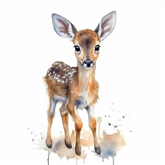 Baby Deer watercolor with ink outline on white background, high detailed (generative AI)