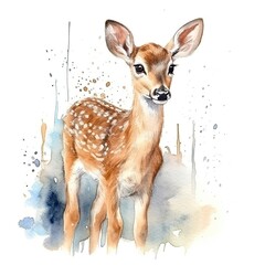 Baby Deer watercolor with ink outline on white background, high detailed (generative AI)