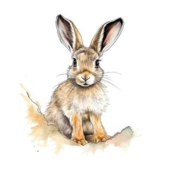 Obraz premium Baby Hare watercolor with ink outline on white background, high detailed (generative AI)