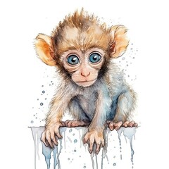 Baby Monkey watercolor with ink outline on white background, high detailed (generative AI)