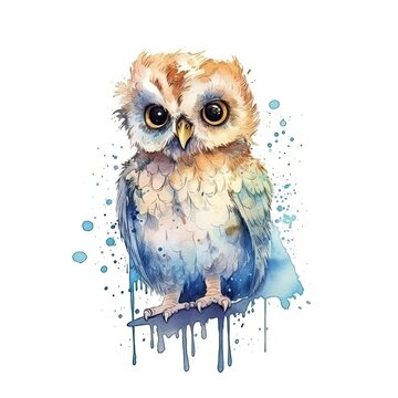 Baby Owl watercolor with ink outline on white background, high detailed (generative AI)