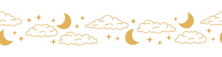 Boho celestial seamless border with line art cloud, moon and star. Yellow colors universe design © Yaryna