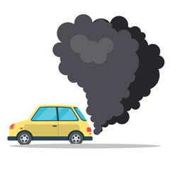 Automobile air pollution. Exhaust gases from car. Smoke emission. Minivan and cloud of black smoke isolated on white. Gasoline combustion smog. Ecology problem in urban environment from vehicles