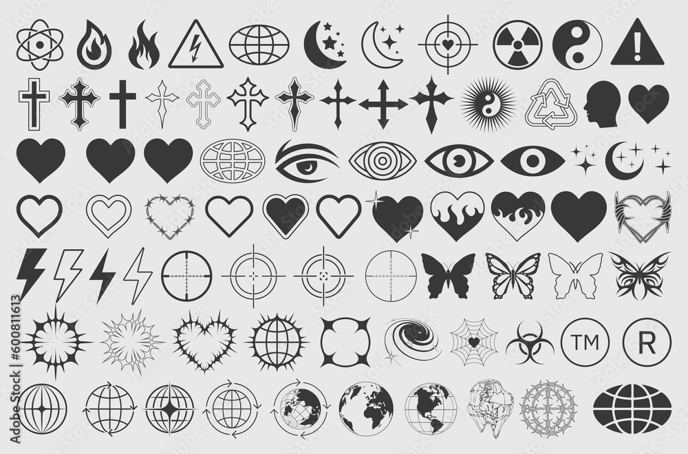 Poster cool set of y2k shapes vector design. modern geometric signs collection. pack of abstract figures. r