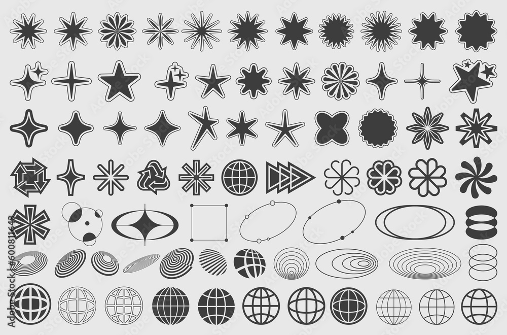 Poster Cool Set Of Y2K Shapes Vector Design. Modern Geometric Signs Collection. Pack Of Abstract Figures. Rave Acid Graphic. Streetwear Elelements.