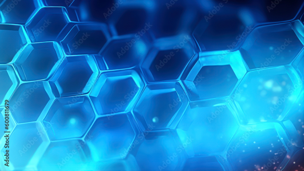 Poster 3d rendering of abstract futuristic blue background with hexagons and light effects generative ai