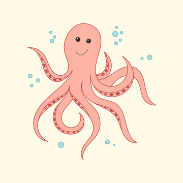 Cute cartoon smiling octopus. Background with funny underwater creature. Print for children's clothing