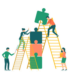 Company teamwork, people working together. Workers moving towards success using puzzles with help of ladders. Office employees group collect idea, new strategy. Partnership, startup and cooperation