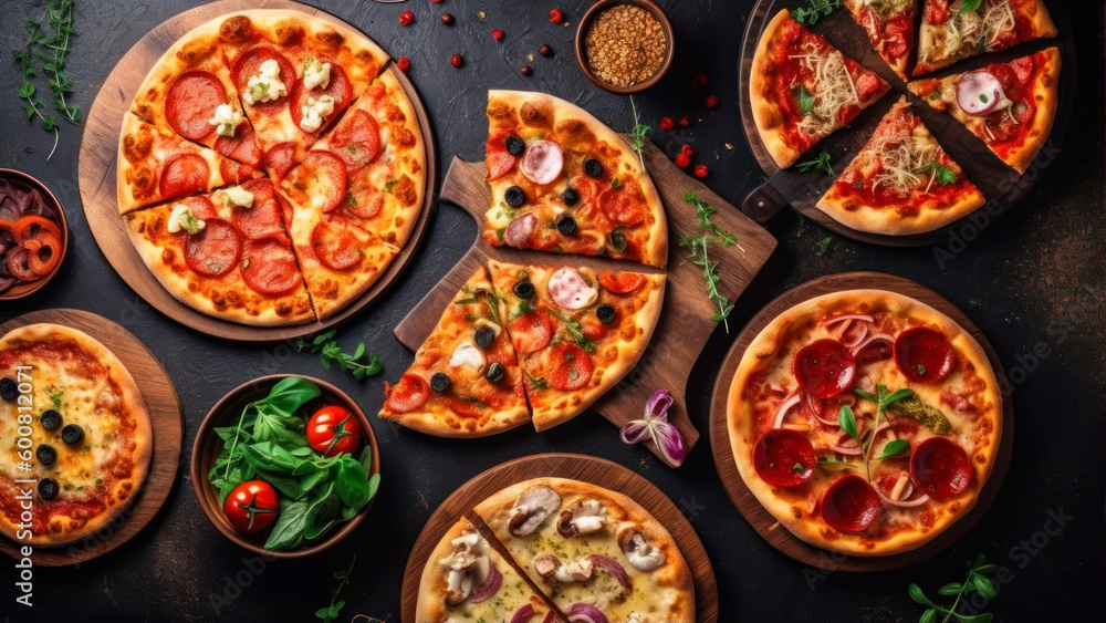 Poster pizza with salami, mozzarella and tomatoes on a dark background generative ai