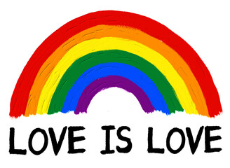 Rainbow with love is love text oil brush paint.LGBT  Pride month watercolor texture concept. Vector illustration