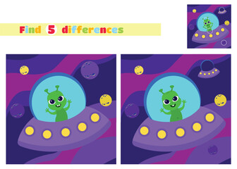 Fototapeta premium Find the differences. A small friendly alien inside a flying saucer in a cartoon style. An educational game for children in elementary school or kindergarten.
