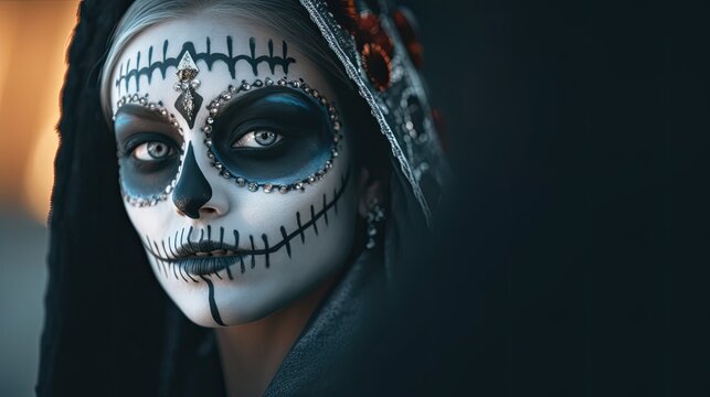 Porträt einer hübschen, blauäugigen Frau mit traditionellem Tag-der-Toten-Make-up in Mexiko, aufwendiges blau und weißes Sugar Skull Make-up mit schwarzer Kopfbedeckung, Generative AI