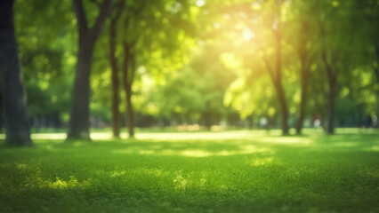 Fototapeta na wymiar Green park with trees and grass. Blurred background with bokeh effect generative ai