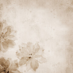 old paper background with delphinium flowers "printed" in the corner