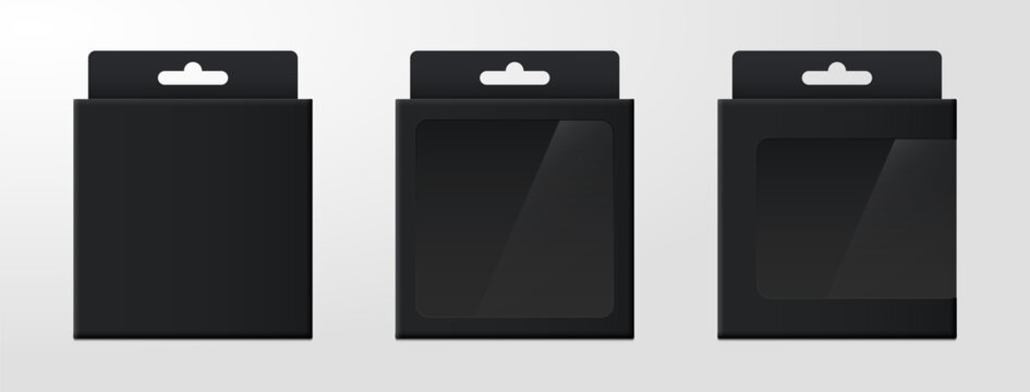 Realistic black packaging box set. Blank empty boxes with with hang tab. Front view. Retail product package collection. Mockup template design for food, gift, electronics. 3d vector illustration