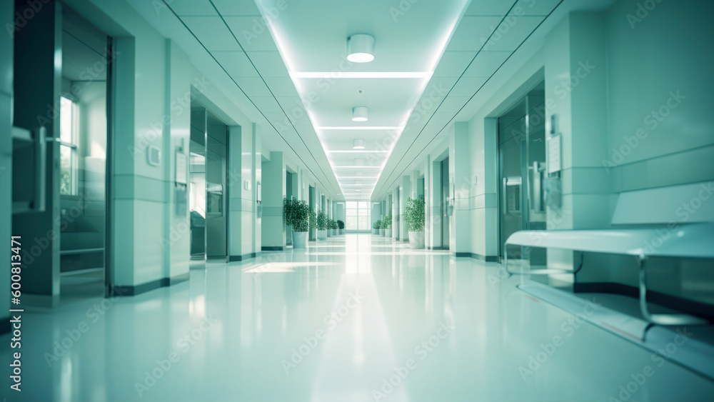 Poster empty hospital corridor with nobody inside. blurred background. 3d rendering generative ai