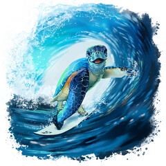 Sea turtle riding a surfboard - 600813488