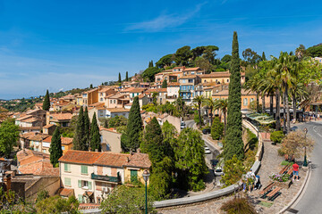 Panoramic view of the hilltop town of Bormes les Mimosas in the south of France