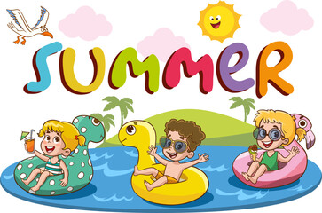 Flat Summer Poster with Cartoon Character and kids having fun cartoon vector